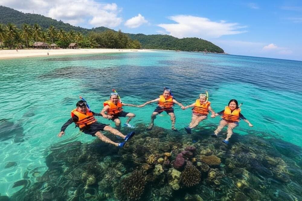 Thư gi&atilde;n, tắm biển tại B&atilde;i Rạng với l&agrave;n nước trong xanh c&oacute; thể nh&igrave;n thấy đ&aacute;y.